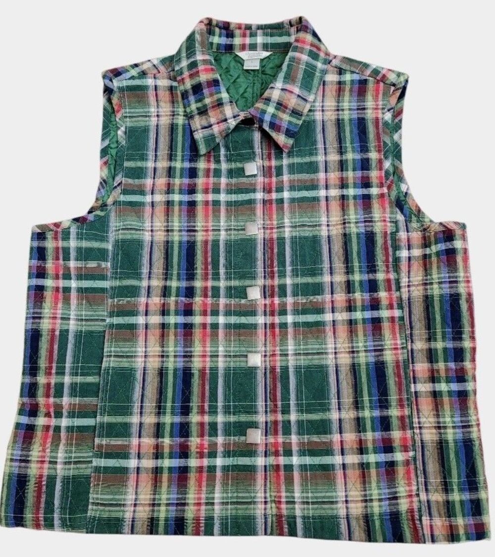 Christopher & Banks Quilted Vintage Green Blue Plaid Vest Women SZ Large